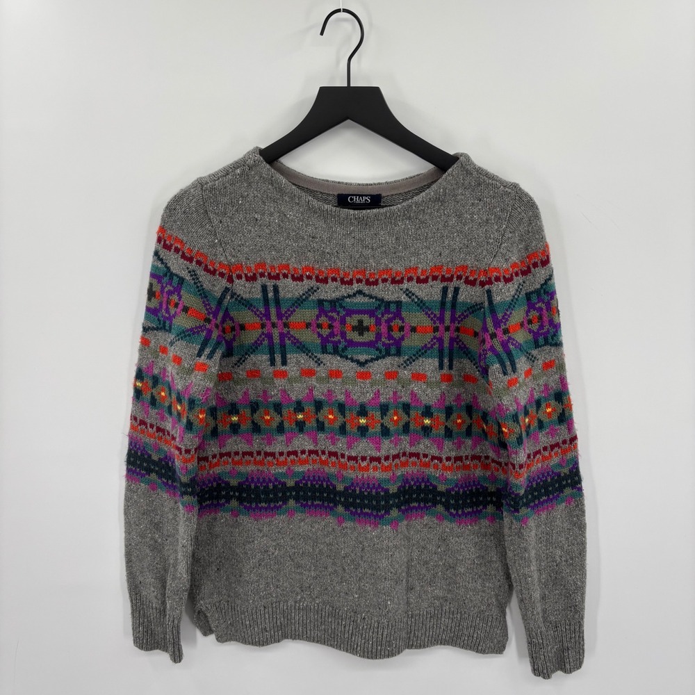 Chaps Denim Womens Fair Isle Sweater Medium Grey Cotton Blend Knit Pullover Cozy